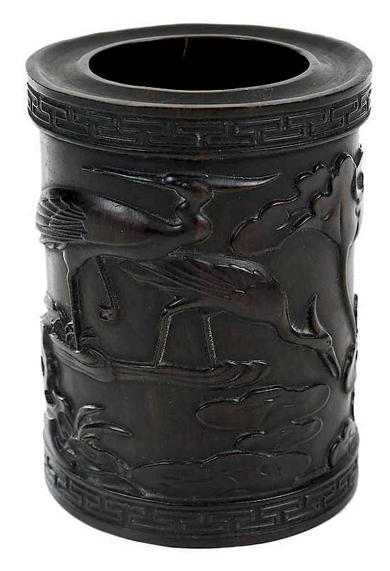 Appraisal: Chinese Carved Hardwood Brush Pot th century decorated with lotus