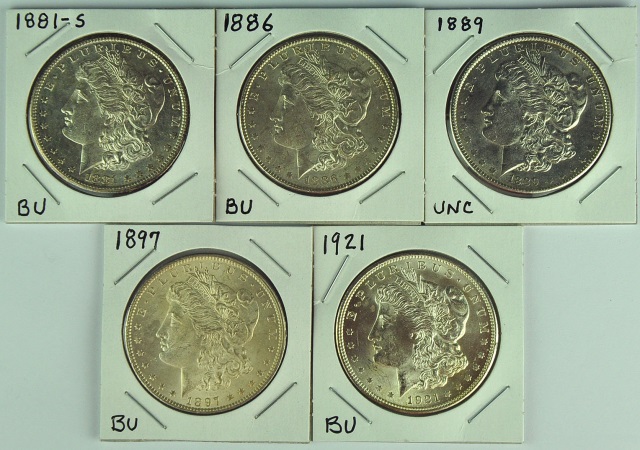 Appraisal: Five BU Morgan DollarsDates include -S and