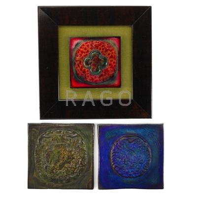 Appraisal: TIFFANY STUDIOS Three Favrile glass tiles New York Two with