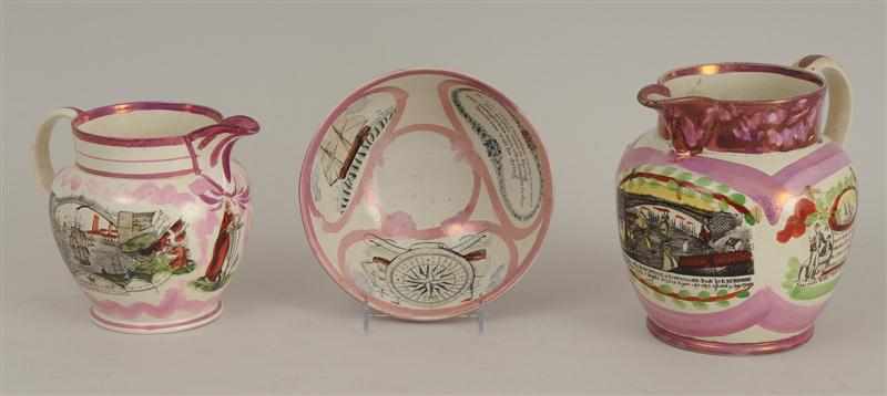 Appraisal: TWO SUNDERLAND ROSE LUSTREWARE PITCHERS AND A BOWL The two