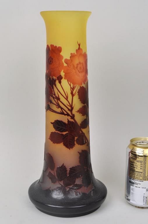 Appraisal: Signed Galle Cylindrical Vase w Wild Roses cased cameo glass