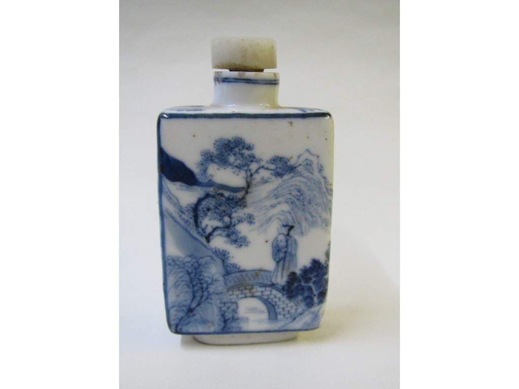 Appraisal: A Chinese blue and white rectangular shaped snuff bottle painted