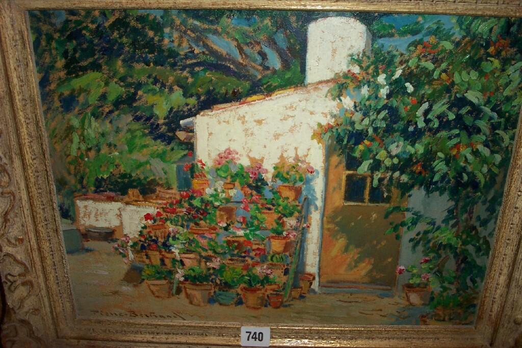 Appraisal: An oil painting on board of continental courtyard with pots