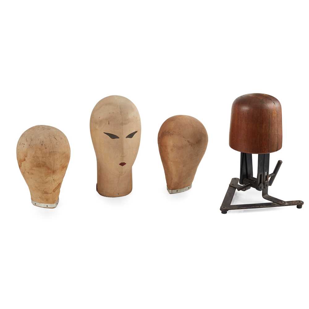 Appraisal: ENGLISH FOUR MILLINERY MANNEQUIN HEADS S wood metal and upholstery