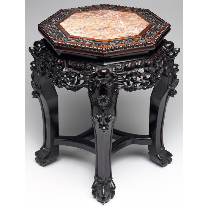 Appraisal: Asian stool end table mahogany and marble octagonal top with