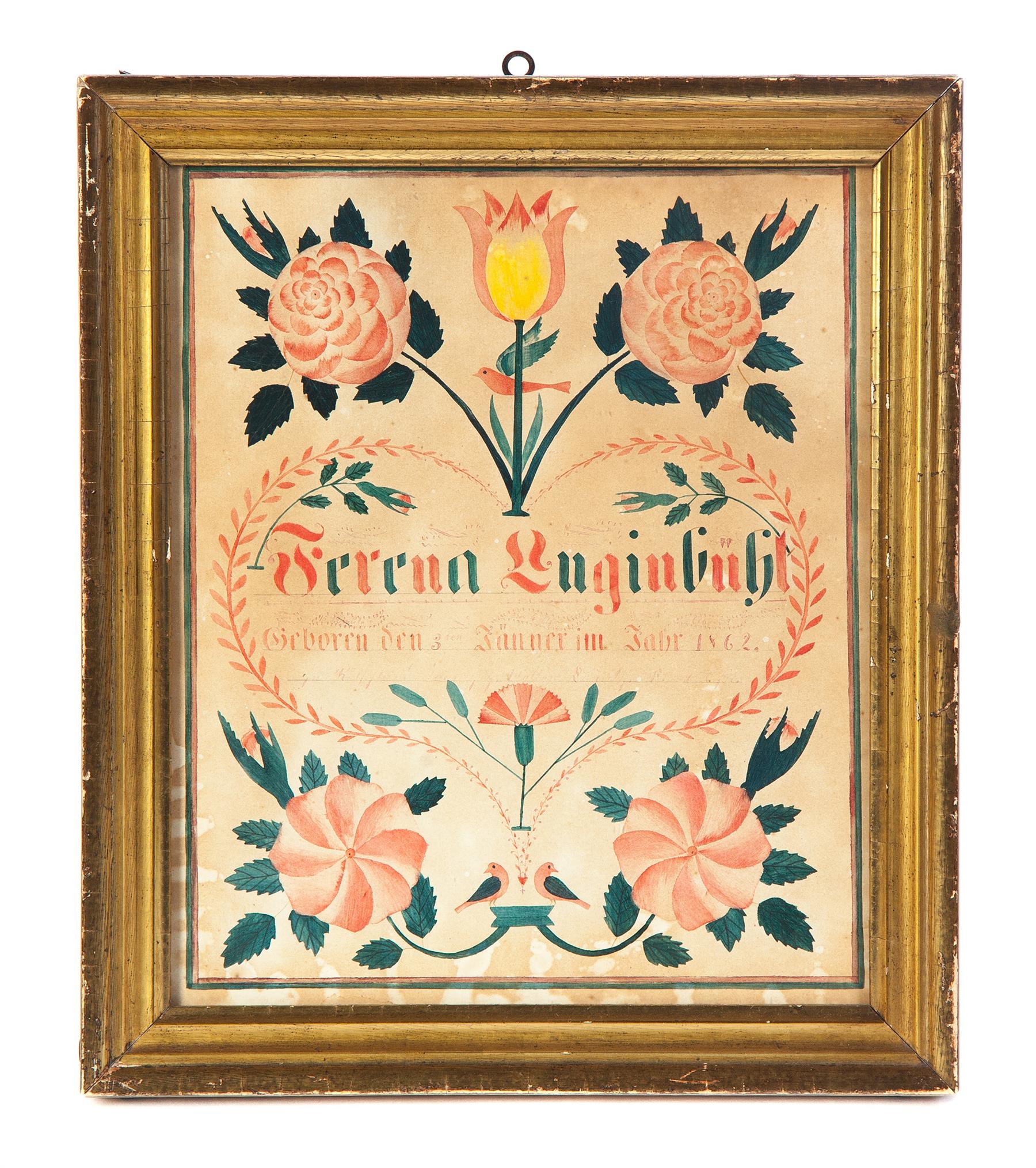 Appraisal: AMERICAN FRAKTUR Watercolor on paper Stenciled design of flowers including