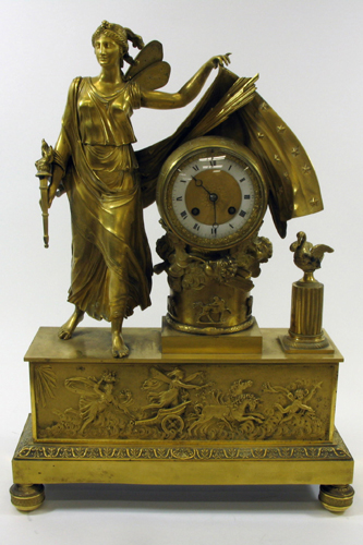 Appraisal: TIFFANY FIGURAL ORMOLU MANTEL CLOCK French c the rectangular gilt-bronze