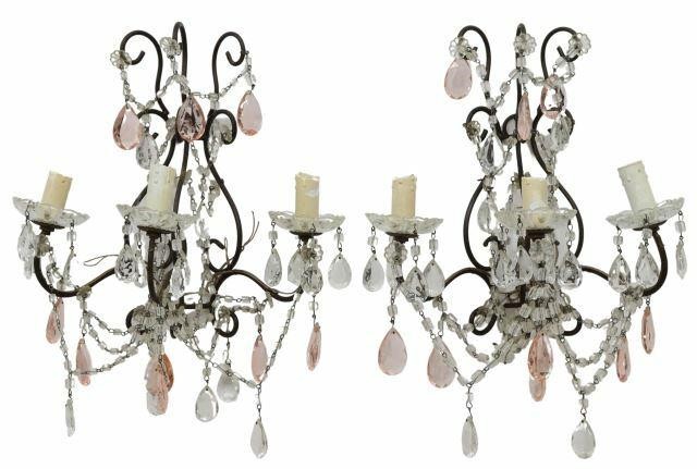 Appraisal: pair Italian metal and crystal three-light wall sconces th c