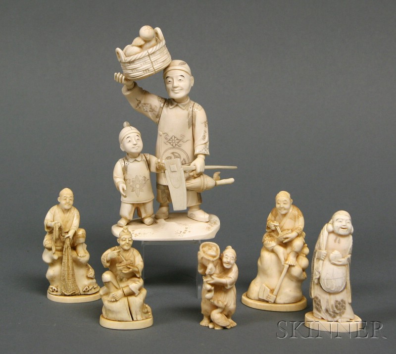 Appraisal: Six Ivory Carvings Japan late th century figures of a