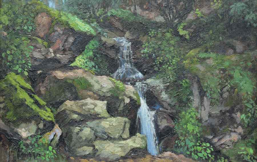 Appraisal: MORALES A Mexican th C Cascading Waterfall in Lush Green