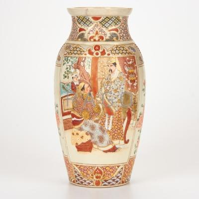 Appraisal: JAPANESE SATSUMA Enameled vase decorated with panels depicting noblemen th