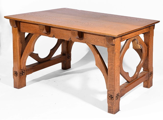 Appraisal: Gothic Revival light oak tablethe rectangular top on chamfered supports