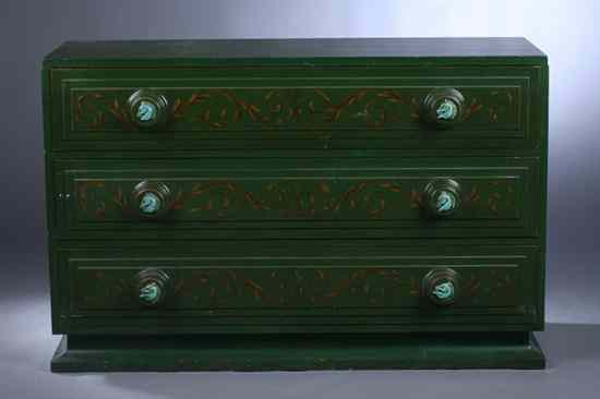 Appraisal: CONTEMPORARY GREEN-LACQUERED AND GILT-DECORATED CHEST-OF-DRAWERS Three graduated full-width drawers having