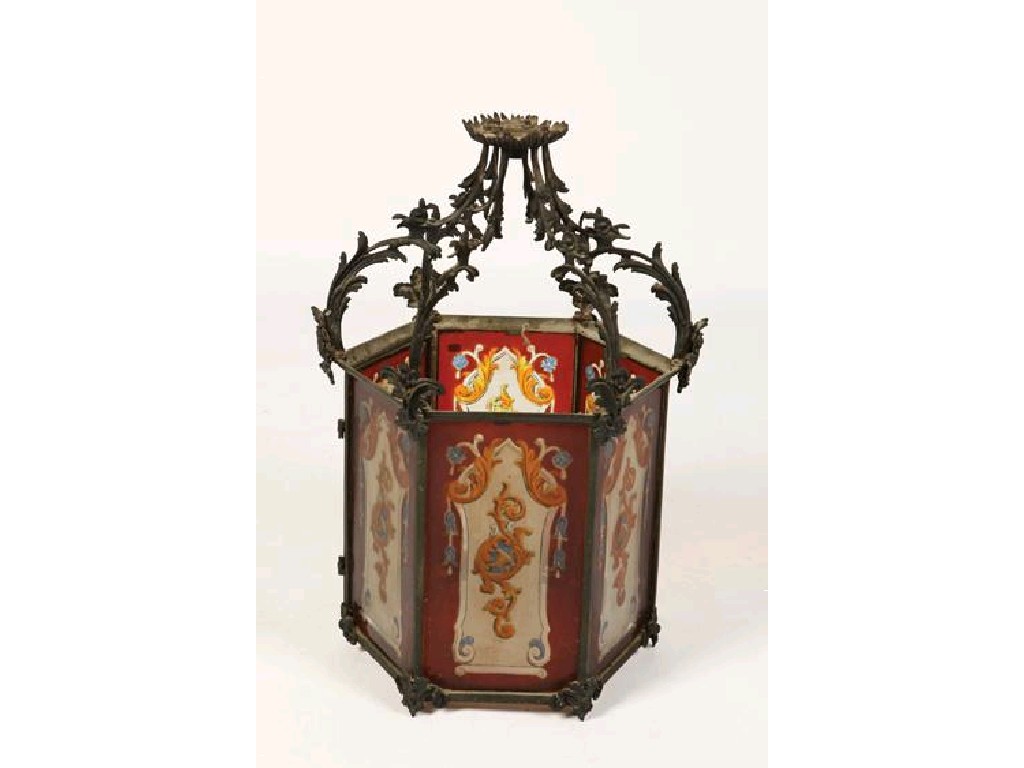 Appraisal: A LATE REGENCY HALL LANTERN with six coloured glass panels