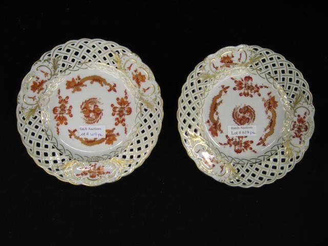 Appraisal: Pair of Meissen Porcelain Plates orange dragon decor reticulated borders