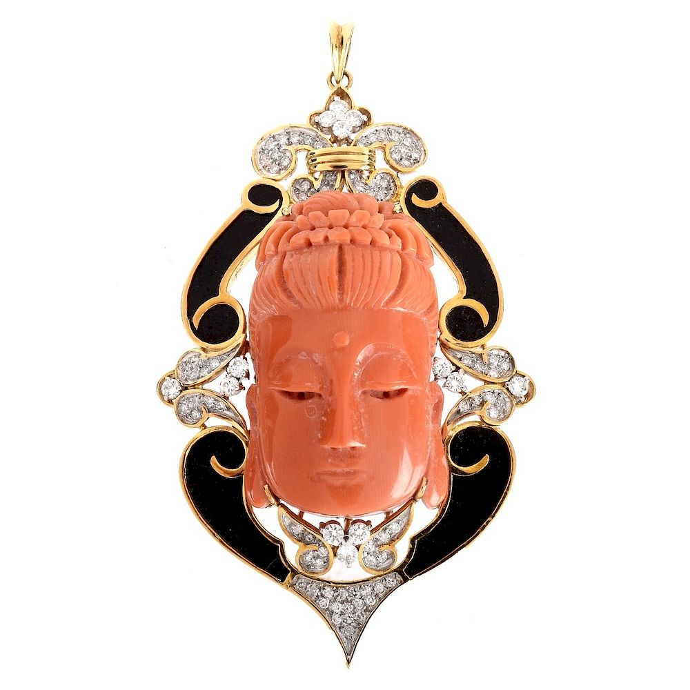 Appraisal: Vintage Coral Onyx Diamond and K Pendant Vintage Carved Red