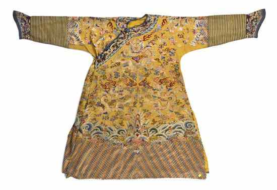 Appraisal: An Embroidered Chinese Silk Dragon Robe depicting five-clawed dragons in