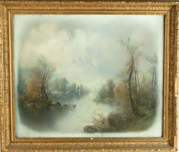 Appraisal: American th C Landscape of lake pastel on paper illegible