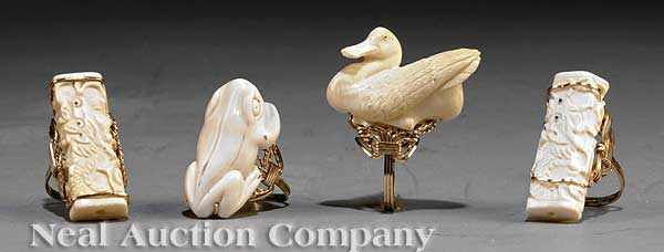 Appraisal: A Suite of Four Japanese Carved Ivory and Gold Wirework