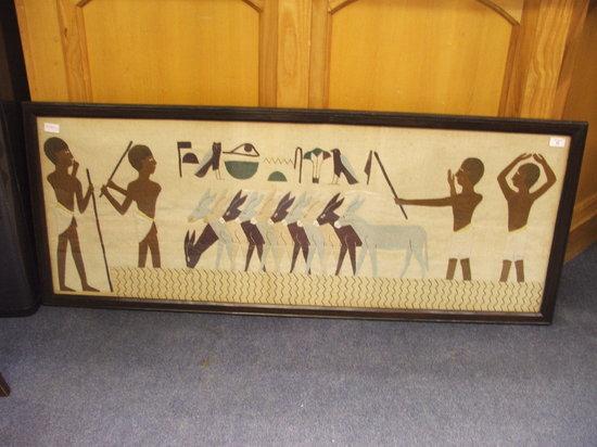 Appraisal: AN EGYPTIAN STYLE WOVEN WALL HANGING decorated with herdsmen mules