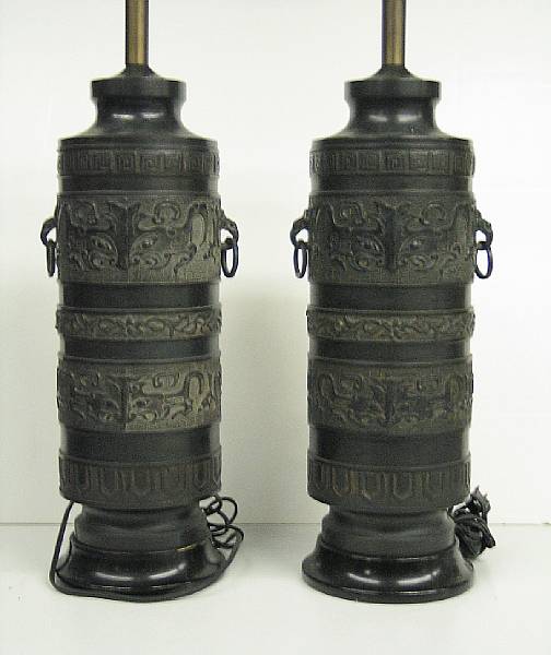 Appraisal: A pair of Chinese style bronze vases Of cylindrical shape