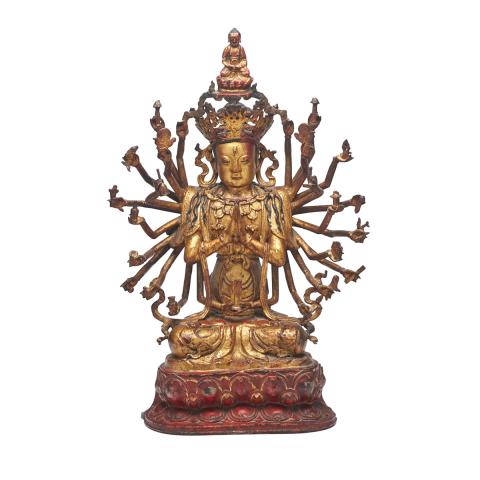 Appraisal: Large Gilt and Lacquered Bronze Figure of Thousand-Armed Avalokitesvara China