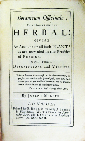 Appraisal: MILLER JOSEPH Botanicum Officinale or A Compendious Herbal giving an