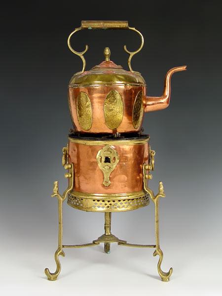 Appraisal: EARLY BRASS AND COPPER KETTLE ON STAND Possibly Dutch ''