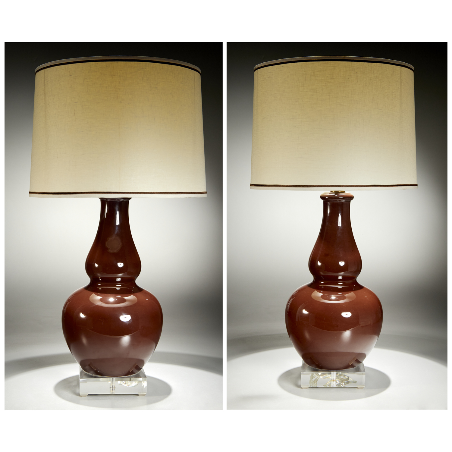 Appraisal: PAIR SPITZMILLER STYLE DOUBLE GOURD LAMPS st c red brown