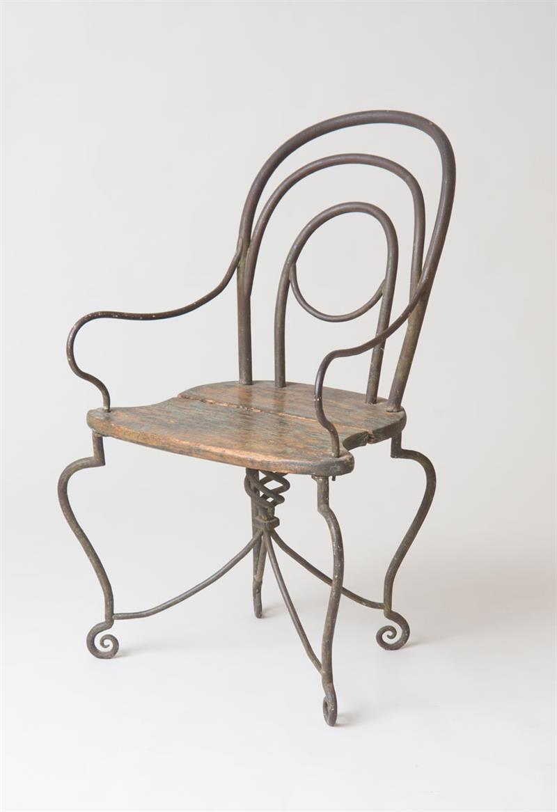 Appraisal: AMERICAN WROUGHT-IRON ARMCHAIR WITH WOOD SEAT x x in Estimate