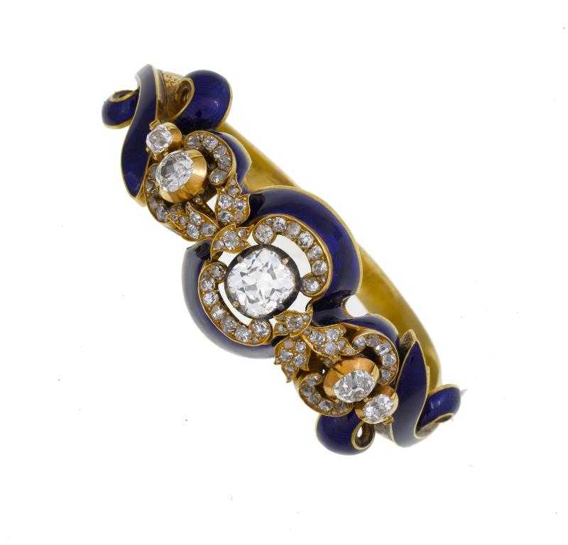 Appraisal: AN ANTIQUE DIAMOND GOLD AND ROYAL BLUE TRANSLUCENT ENAMEL BRACELET