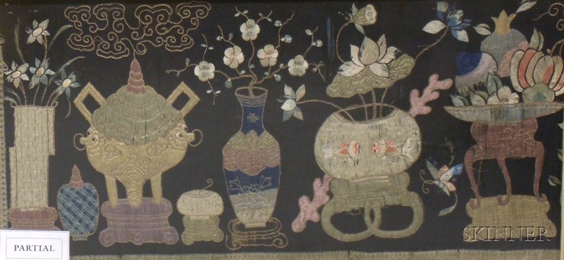 Appraisal: Framed Asian Embroidered Panel and a Watercolor on Silk Depicting