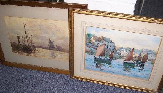 Appraisal: J F Rennie Dutch River Scene with boats and windmill