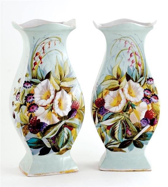 Appraisal: Pair painted Paris porcelain vases circa paneled balustrade form adorned