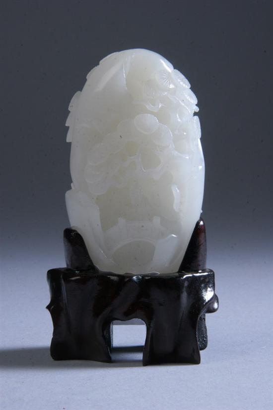 Appraisal: CHINESE WHITE JADE SMALL BOULDER Carved with a mountain fitted