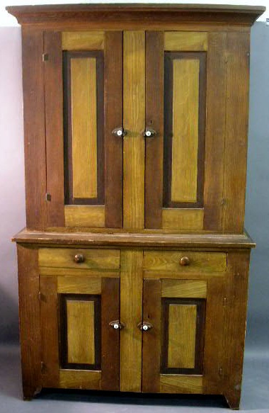 Appraisal: Two-piece Dutch cupboard York Co Pennsylvania with paint decoration h