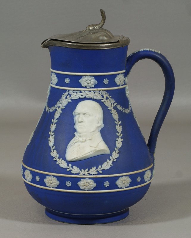 Appraisal: Blue Wedgwood jasperware milk jug with pewter lid bust portrait