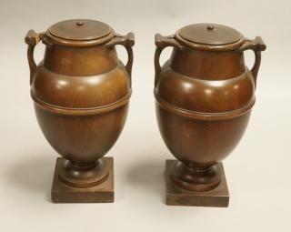 Appraisal: Pair Mahogany Wood Lidded Urns Classic Form Pair Mahogany Wood