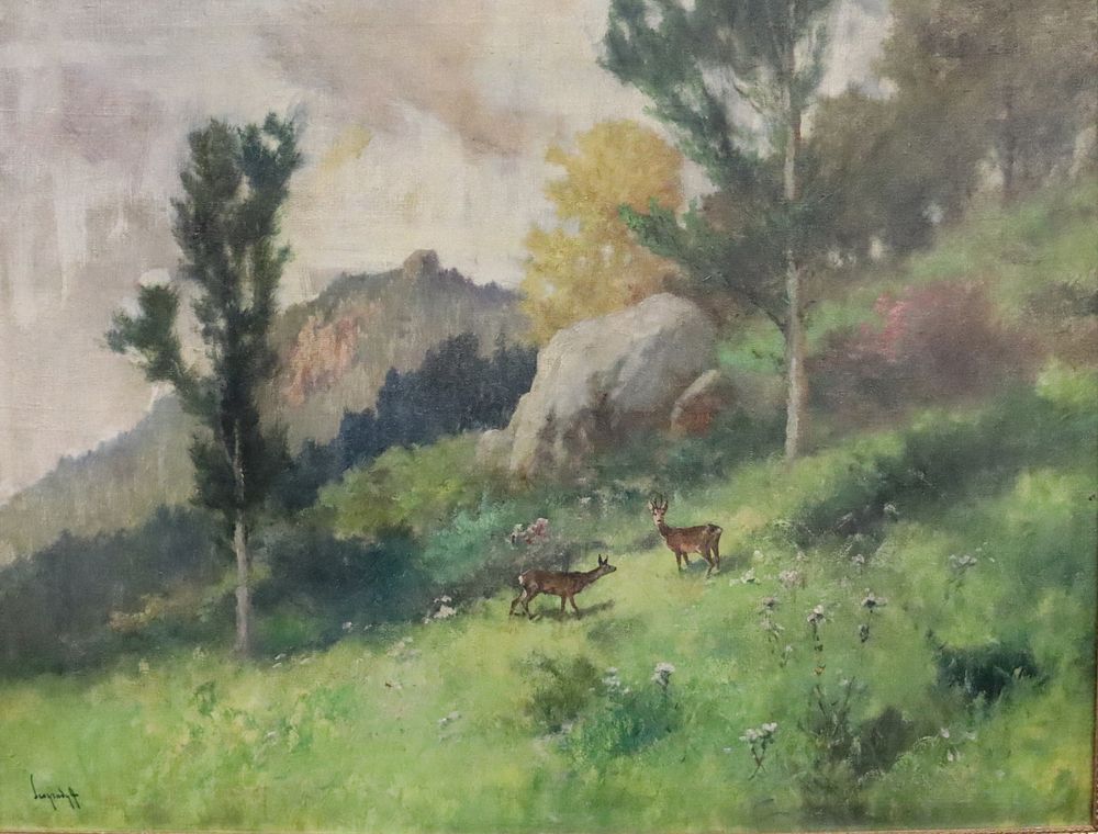 Appraisal: SIGNED NEOGRADY OIL ON CANVAS LANDSCAPE of deer Signed lower