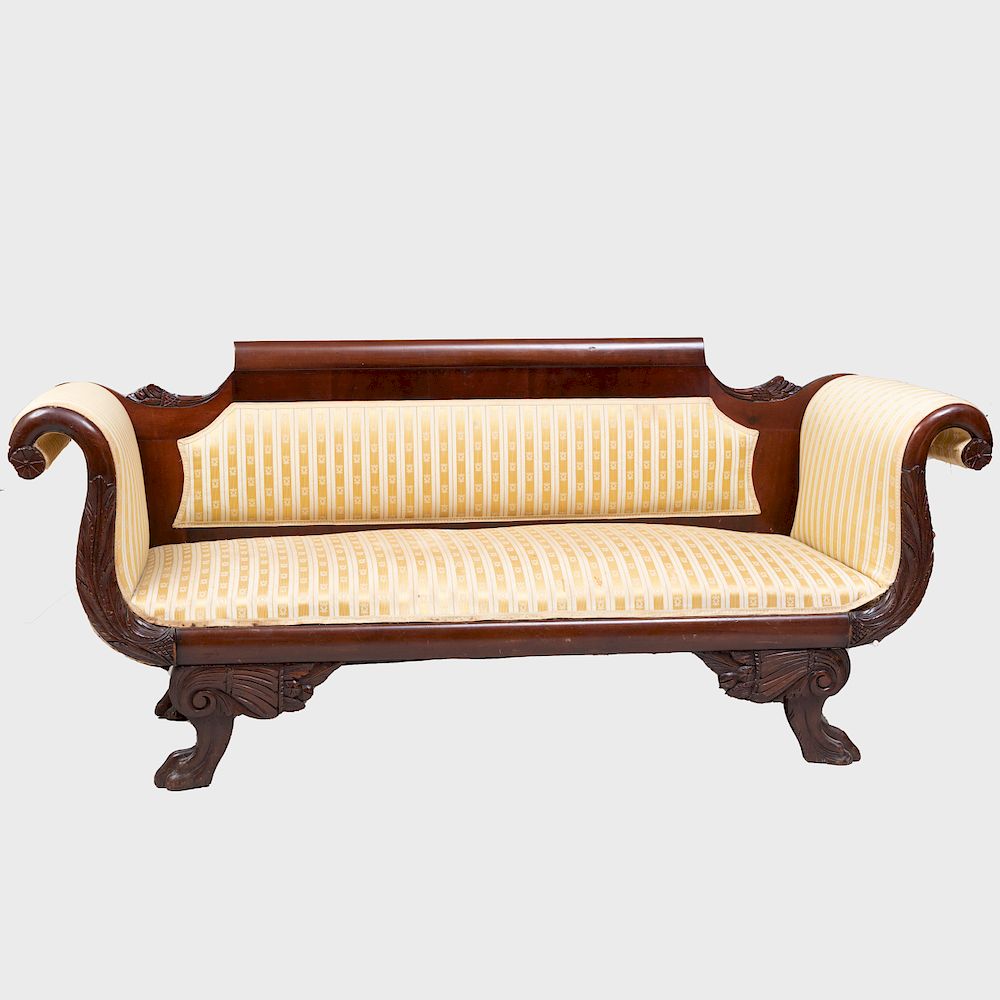 Appraisal: Classical Style Carved Mahogany Sofa in The Empire Taste Upholstered