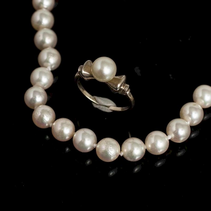 Appraisal: k Pearl Necklace and Ring Salt water pearl necklace -