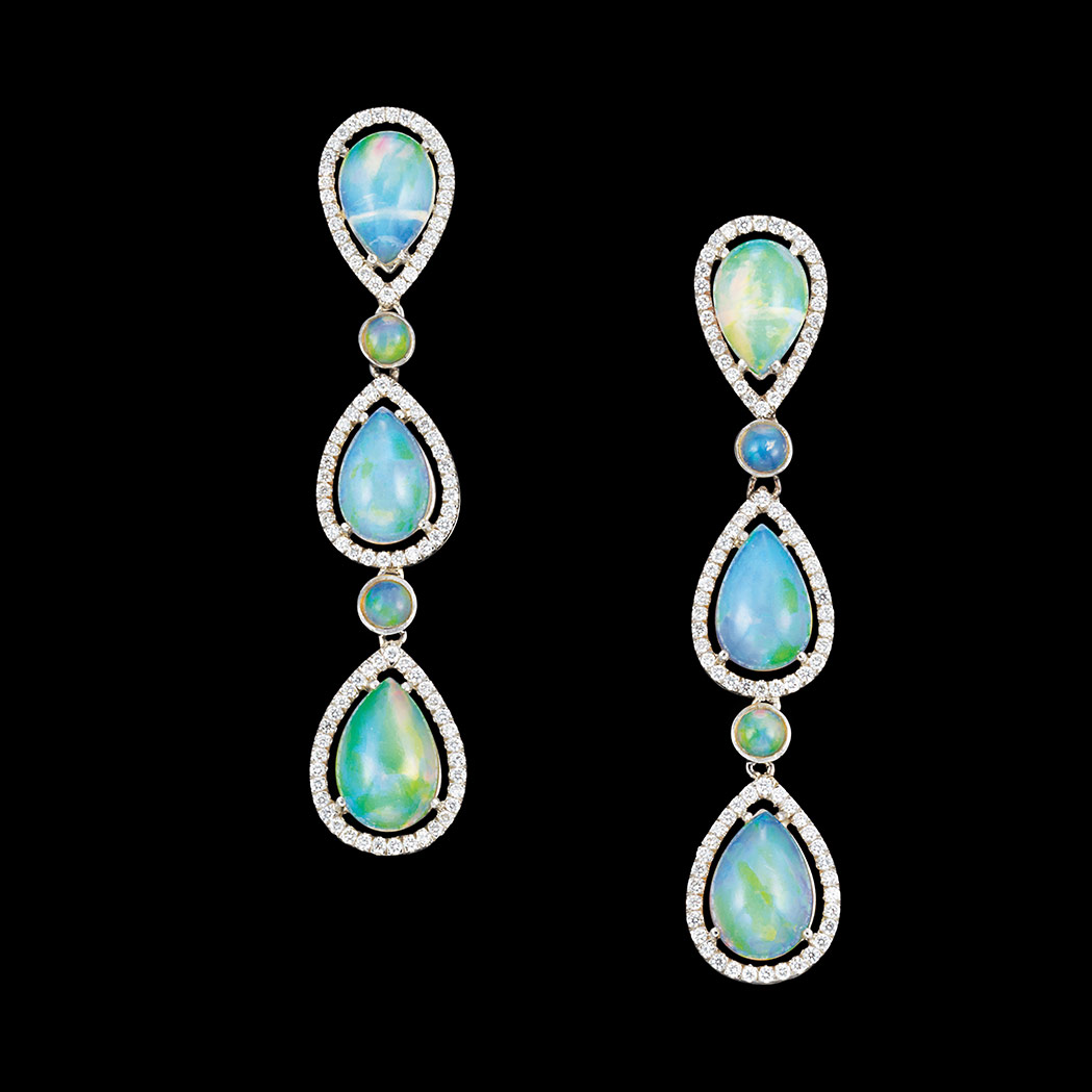 Appraisal: Pair of Platinum Opal and Diamond Pendant-Earrings Vertically-set with pear-shaped