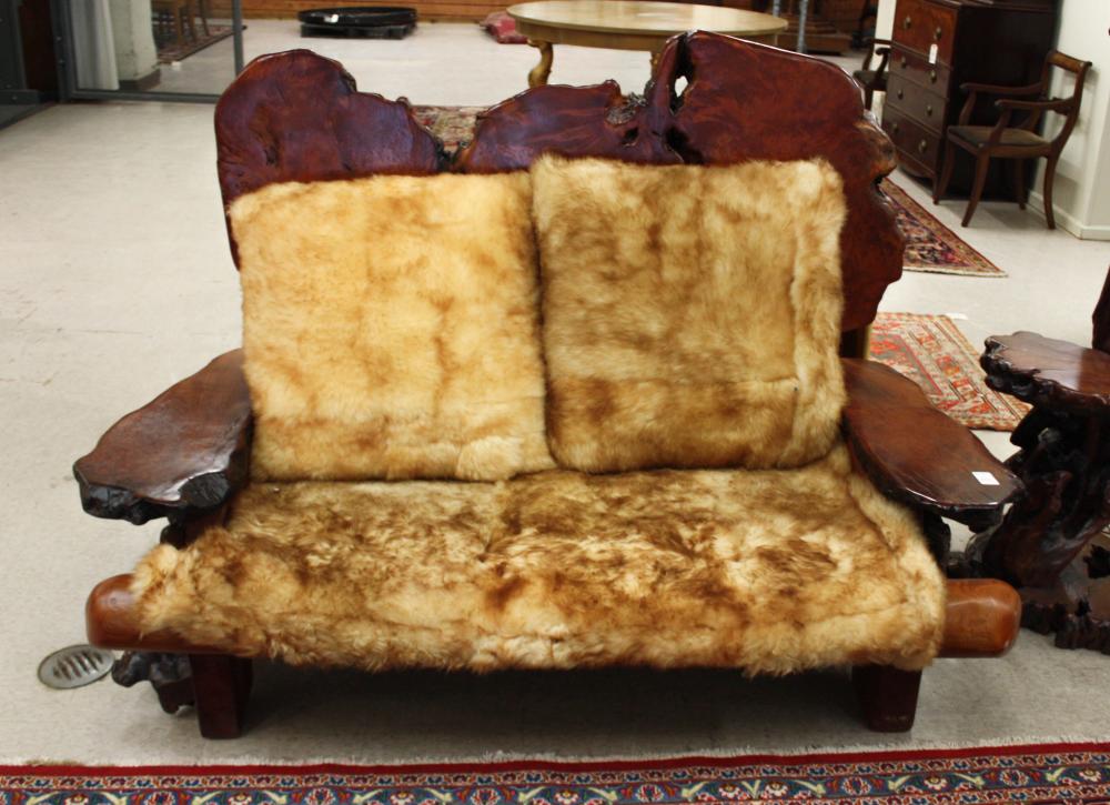 Appraisal: ARTISAN STUDIO REDWOOD BURL LOVESEAT H x W A sheepskin