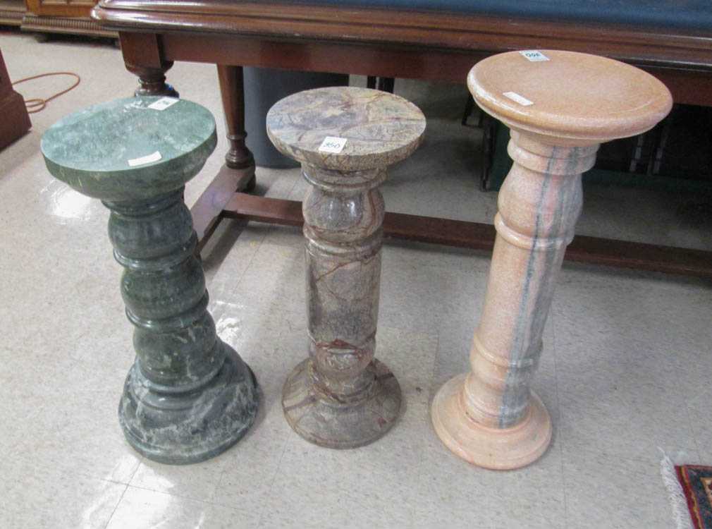 Appraisal: THREE ITALIAN MARBLE PEDESTALS H Rose Perlino H Verde Acceglio