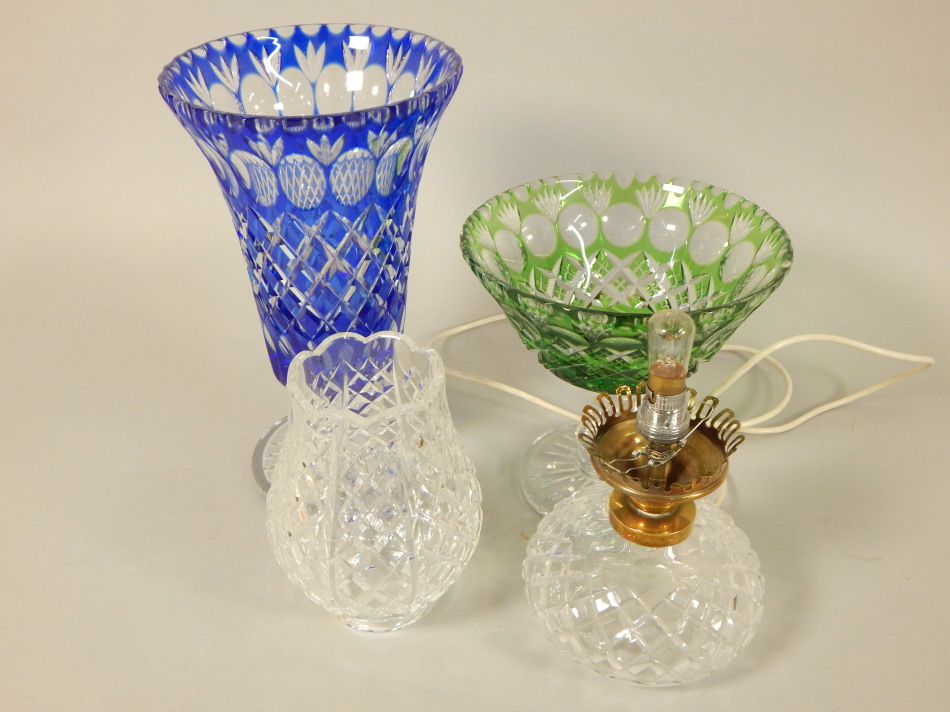 Appraisal: Three items of Bohemian style cut glass a large blue