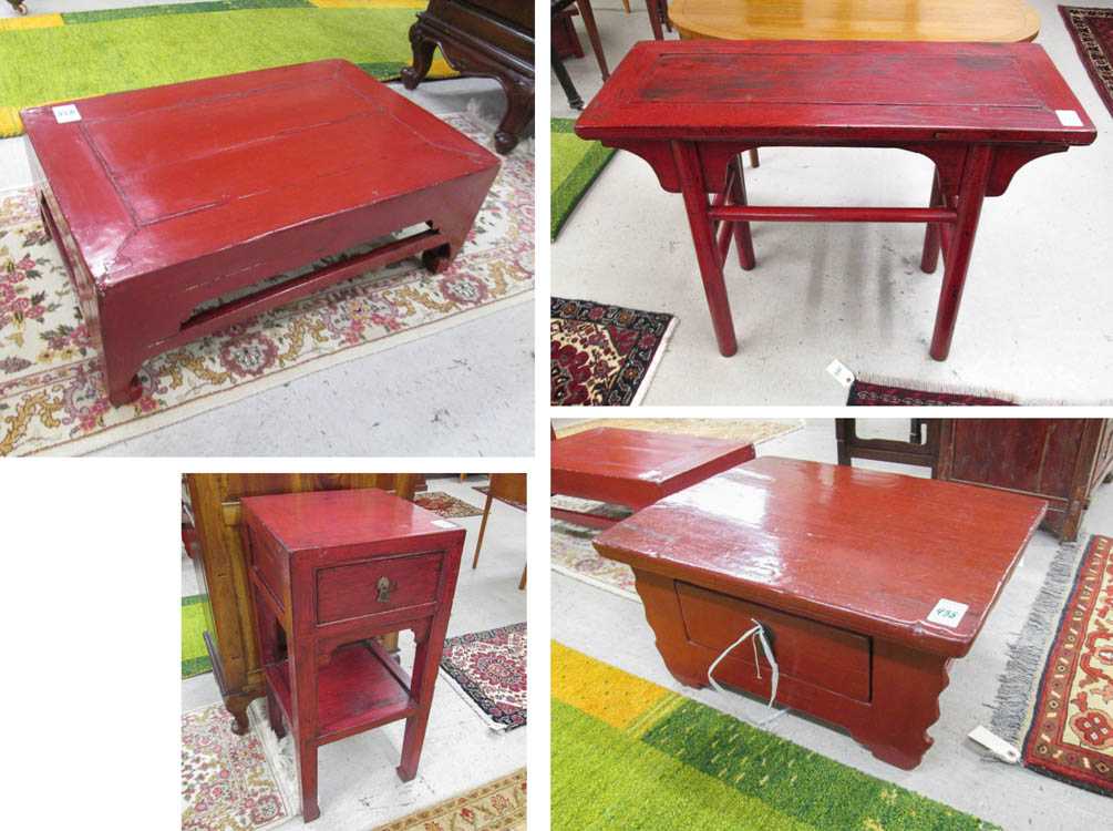 Appraisal: FOUR ARTICLES OF CHINESE RED-FINISH FURNITURE Ming style altar table