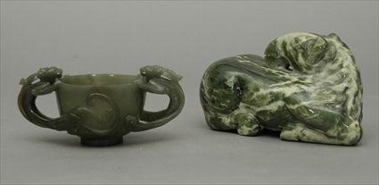 Appraisal: Chinese Carved Jade Cup with Griffin Handles Together with a