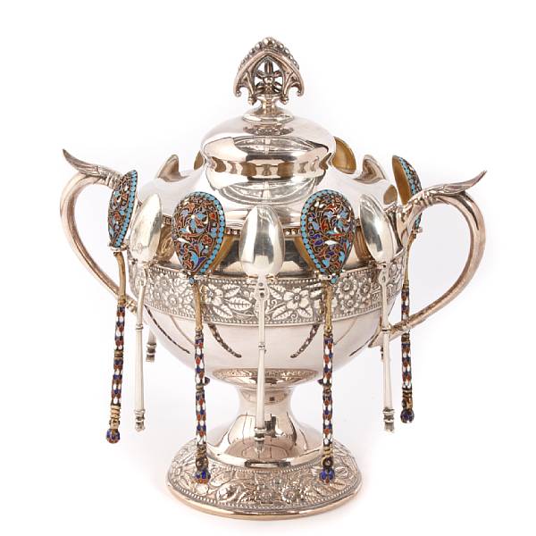 Appraisal: A set of six Russian standard silver-gilt and enamel teaspoonsCirca