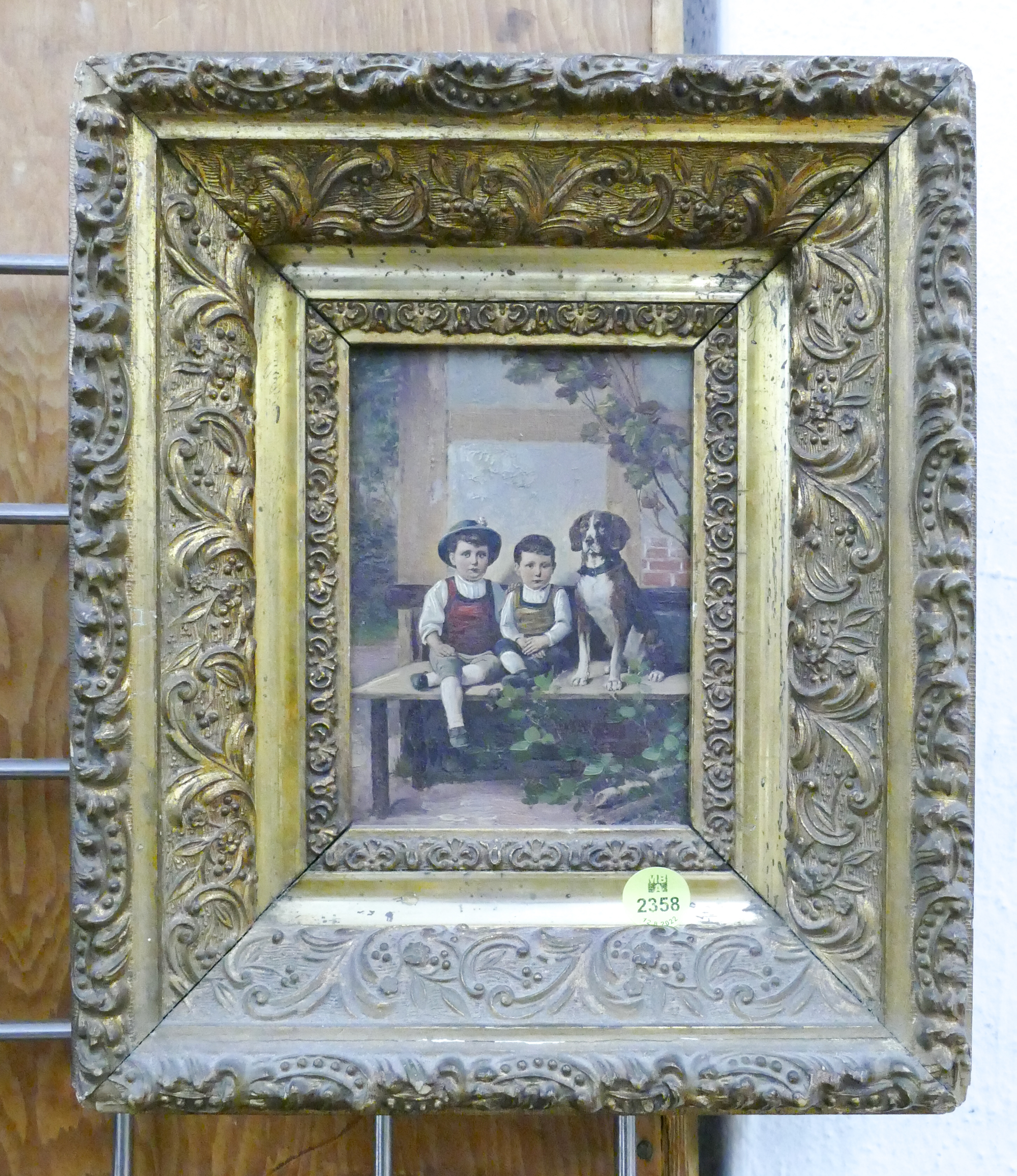 Appraisal: Antique Boys with Dog Small Painting on Panel Ornately Framed-