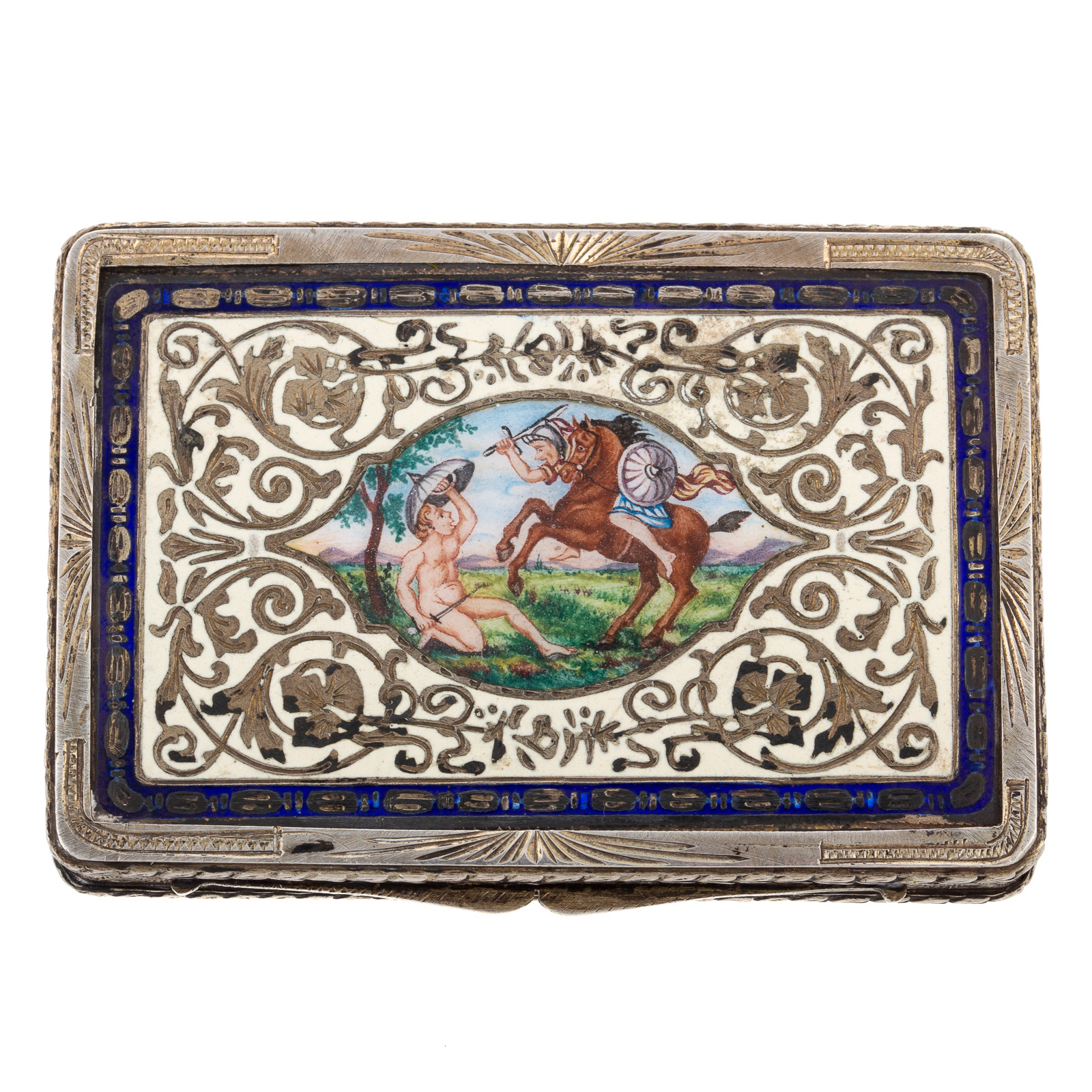 Appraisal: AN ENGRAVED ENAMEL SILVER BOX silver rectangular hinged box with